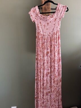 Smocked Pink Paisley Maxi Dress with Short Ruffled Sleeves